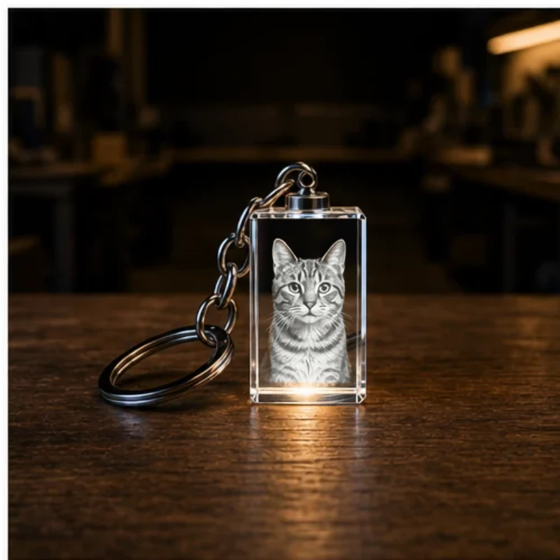Porte-clé pavé droit en cristal gravé avec le portrait d’un chat