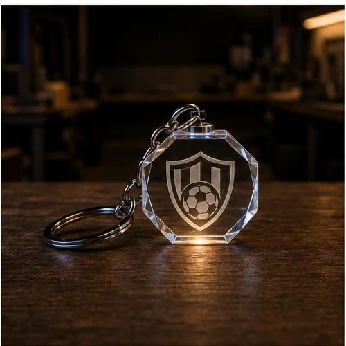 Porte-clé octogonal en cristal gravé avec un blason de club