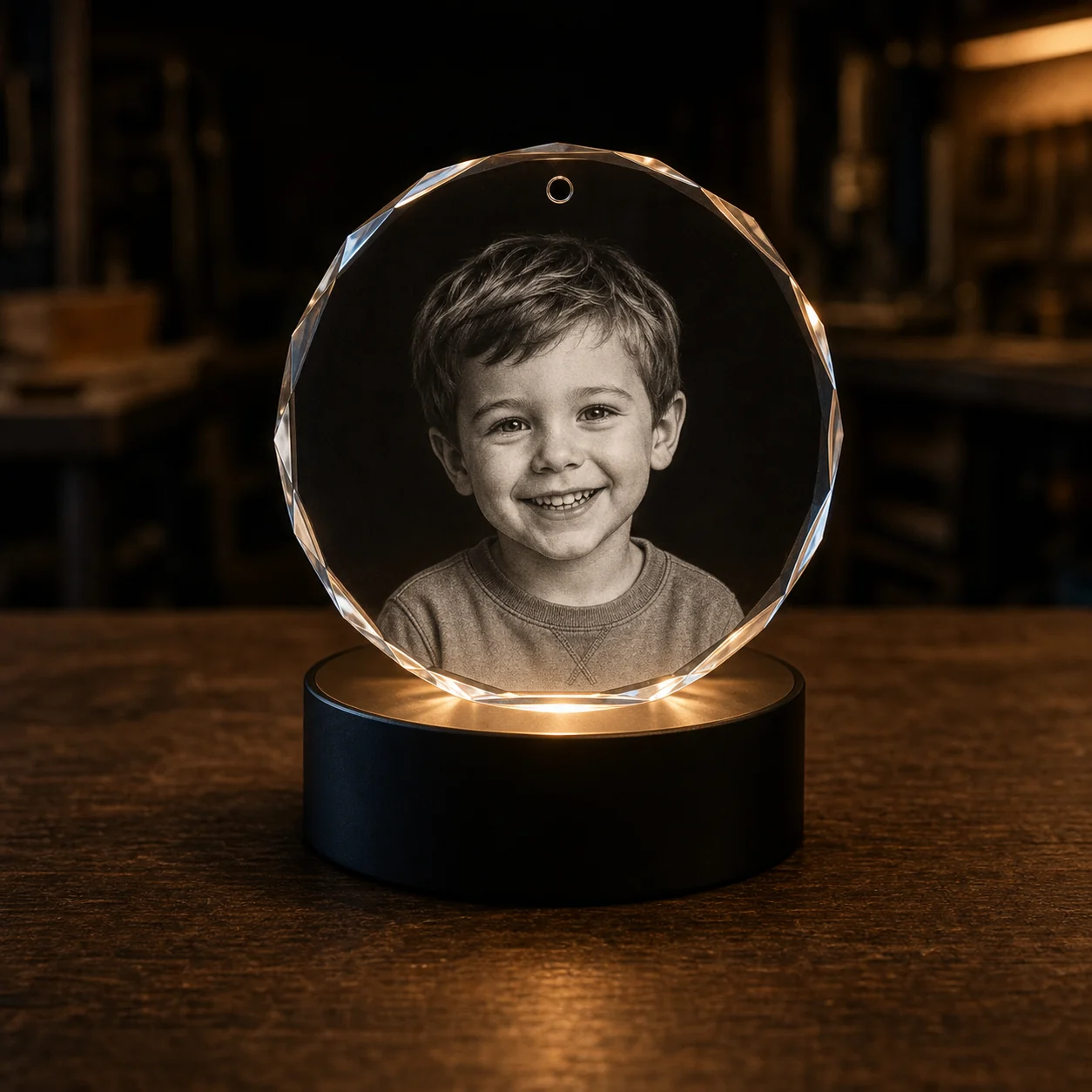 Rond facetté en cristal sur socle lumineux