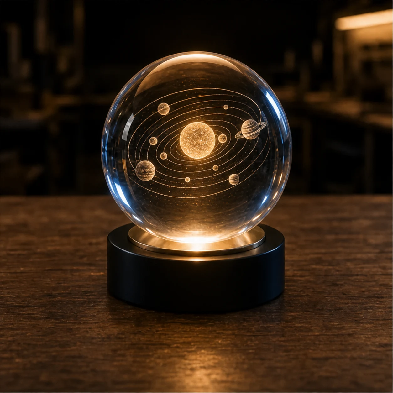 Sphère de cristal avec un système solaire 3D gravé, posée sur un socle lumineux